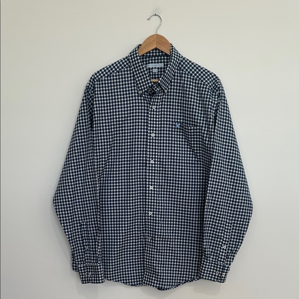 Southern Tide Navy and White‎ Gingham Cotton Blend Button Down Shirt Size XL EUC